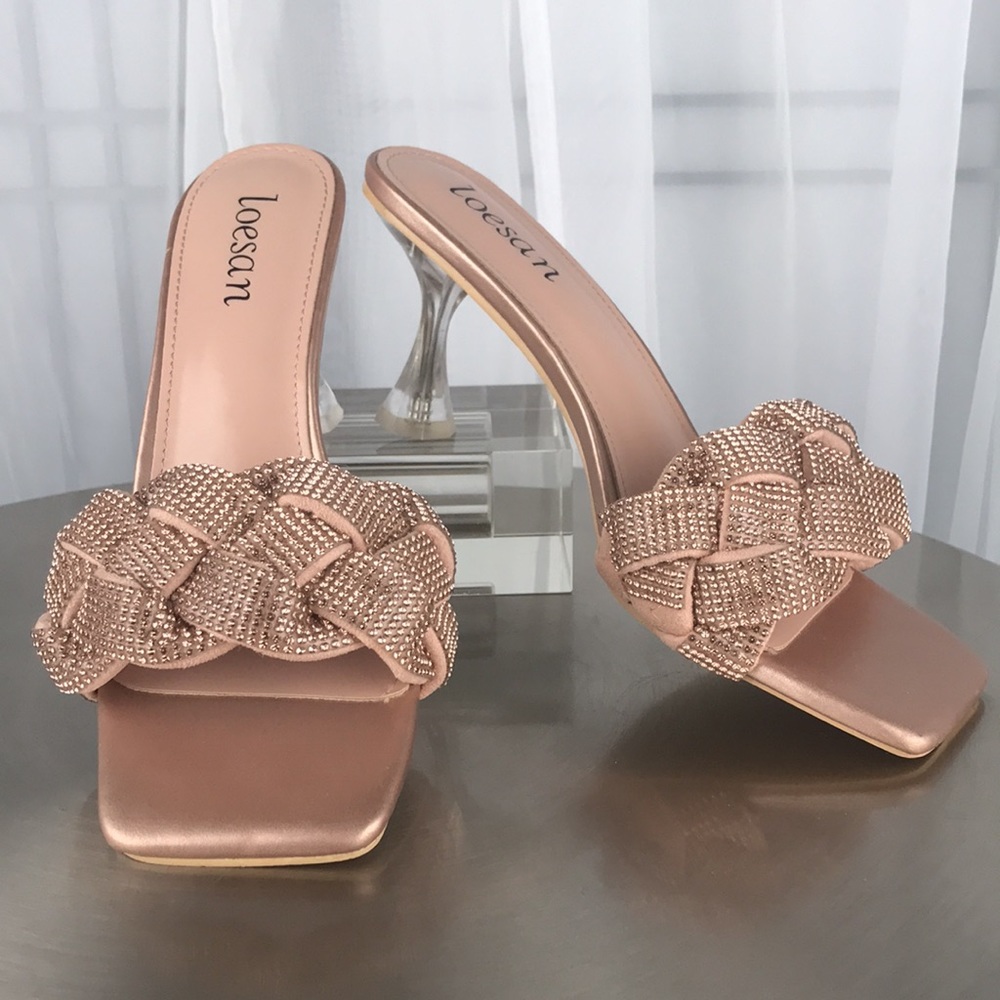 loesan | NWOT Lucite Heeled Pink Rhinestone Braided Clear Slip-on Mules | Size 8